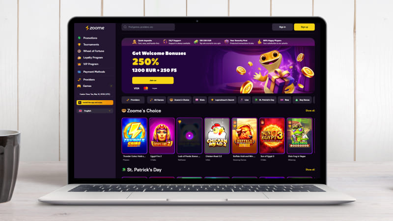 Zoome Casino hovedside p&aring; den b&aelig;rbare computersk&aelig;rm