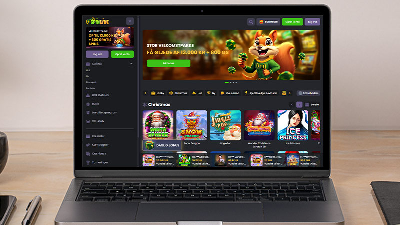 Forsiden af Spinline Casino vist p&aring; en b&aelig;rbar computer