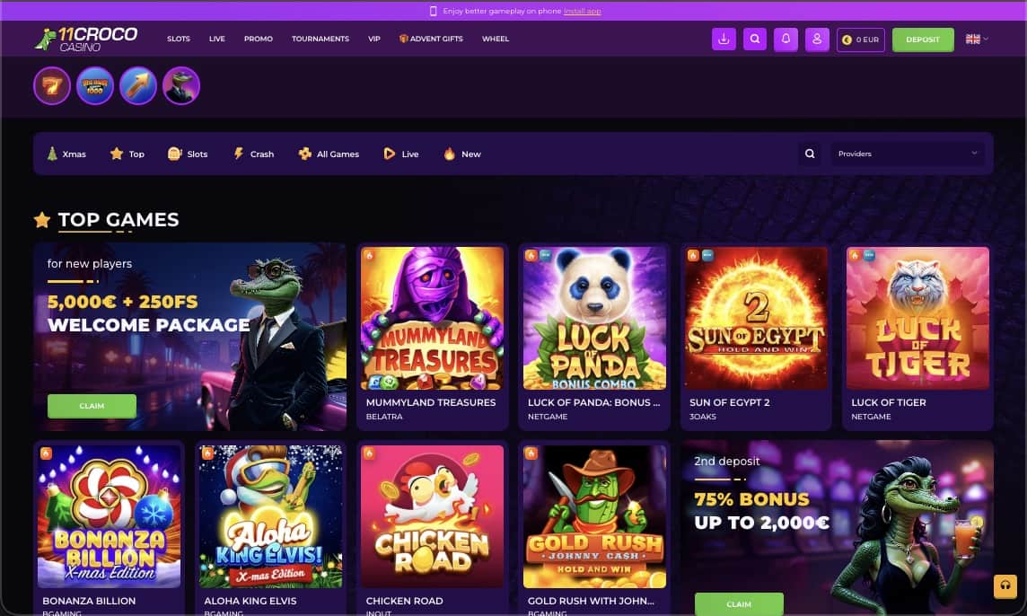 Hovedside p&aring; 11Croco Casino Site