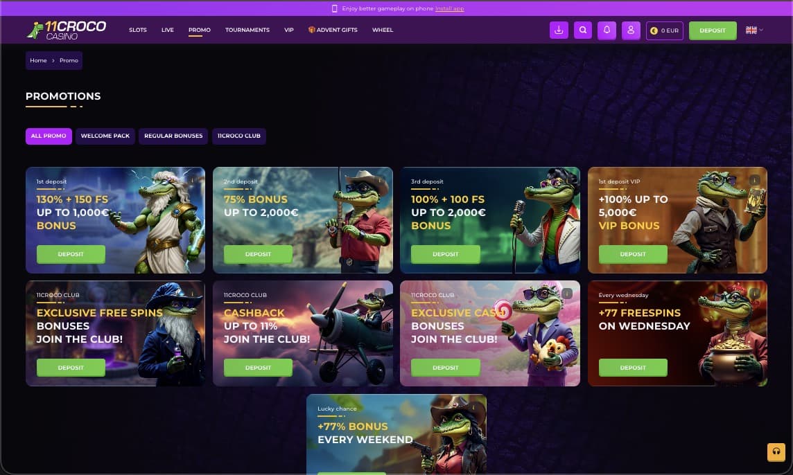 Bonusser og kampagner p&aring; 11Croco Casino