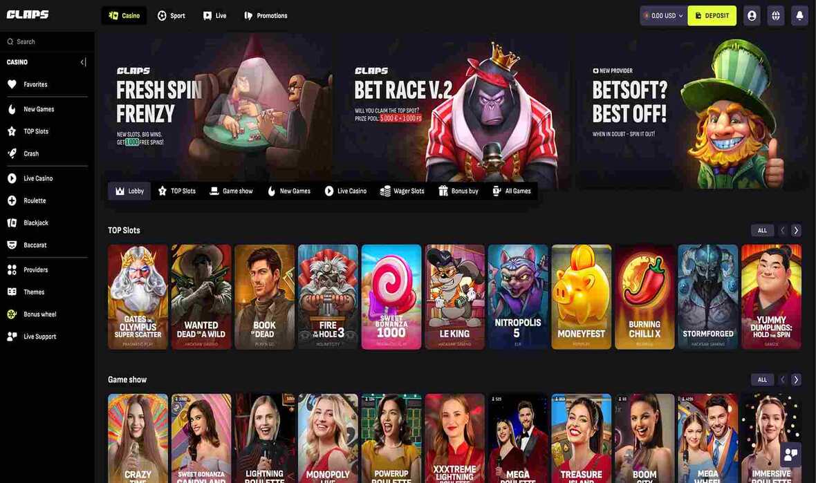 Hovedside p&aring; Claps Casino Site