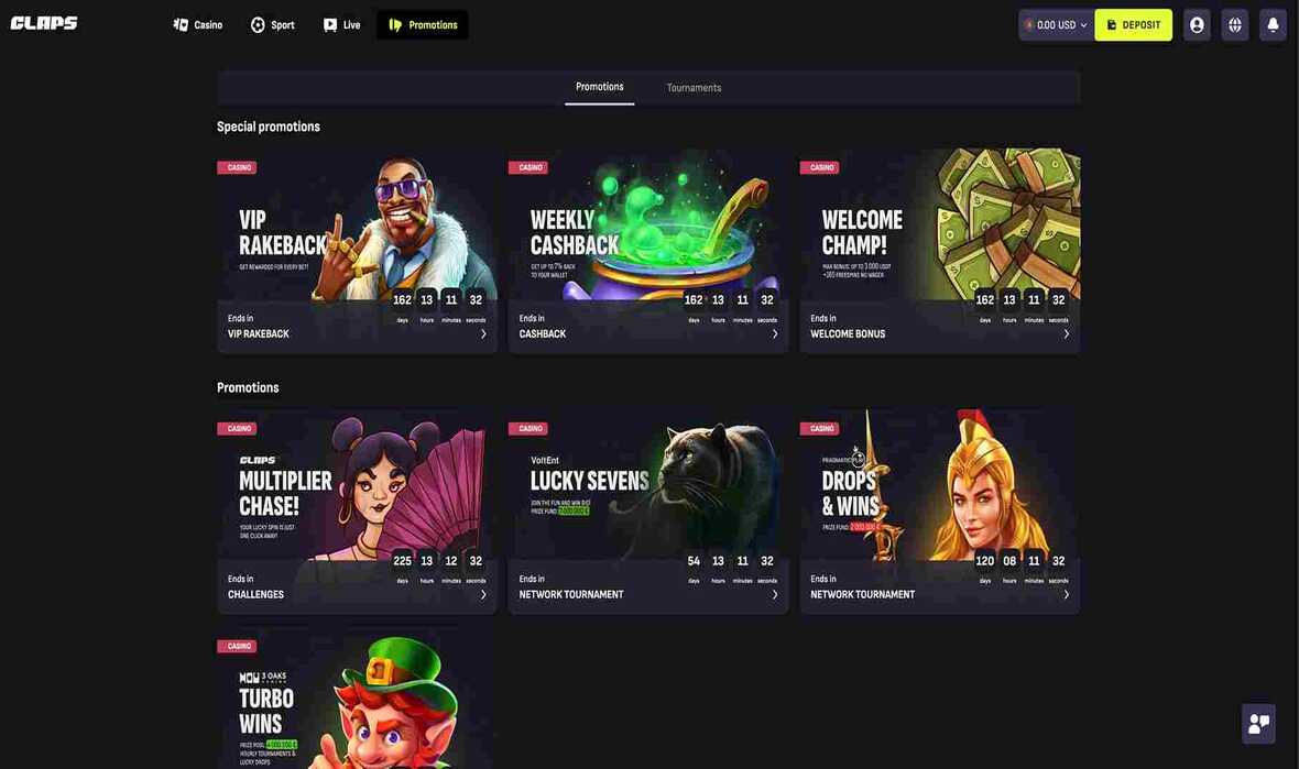 Bonusser og kampagner p&aring; Claps Casino