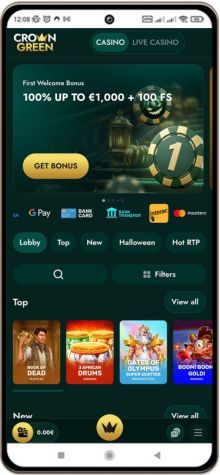 Crowngreen Casino Hovedside p&aring; Mobilsk&aelig;rm