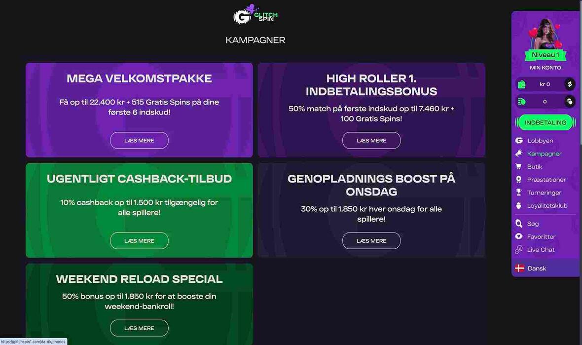 Bonusser og kampagner p&aring; Glitchspin Casino