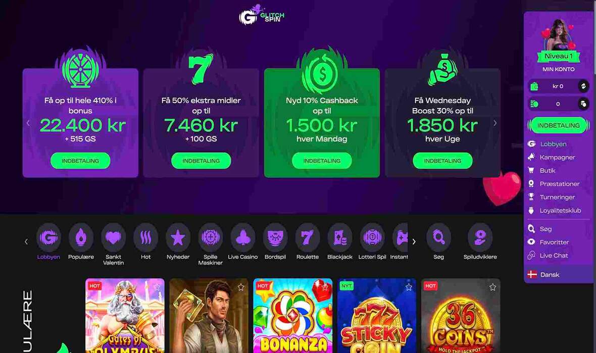Hovedside p&aring; Glitchspin Casino Site