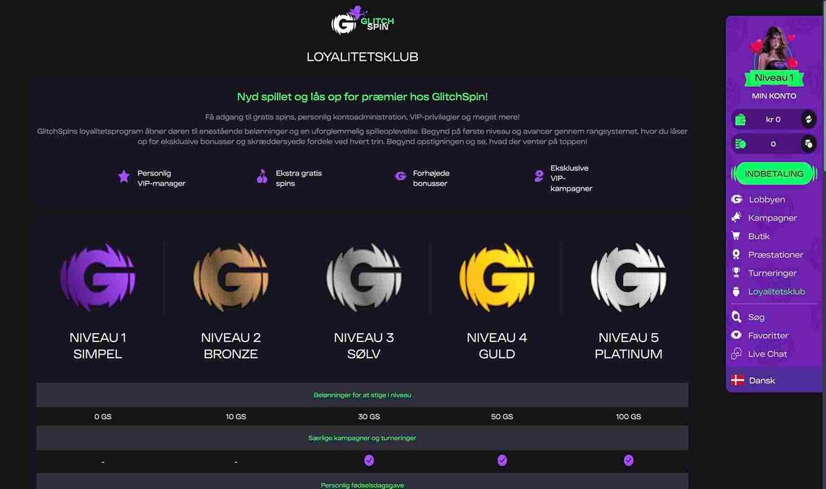 VIP program p&aring; Glitchspin Casino 