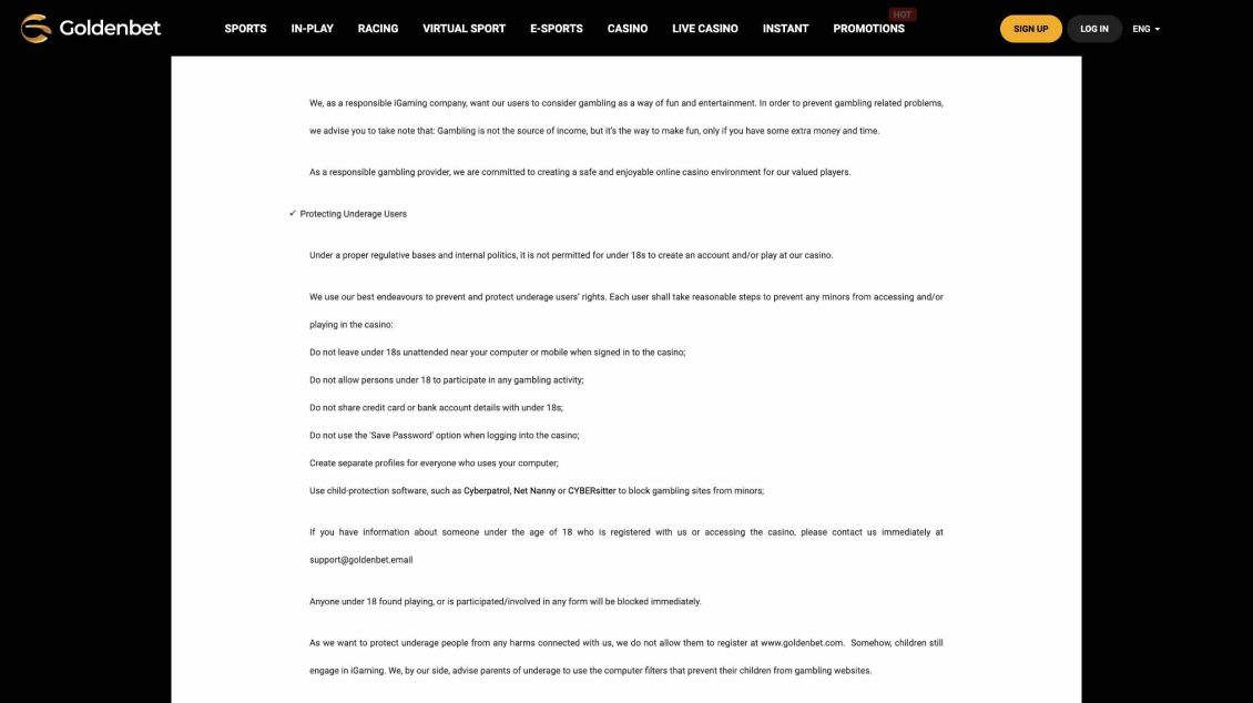 GoldenBet Casino-side om ansvarligt spil