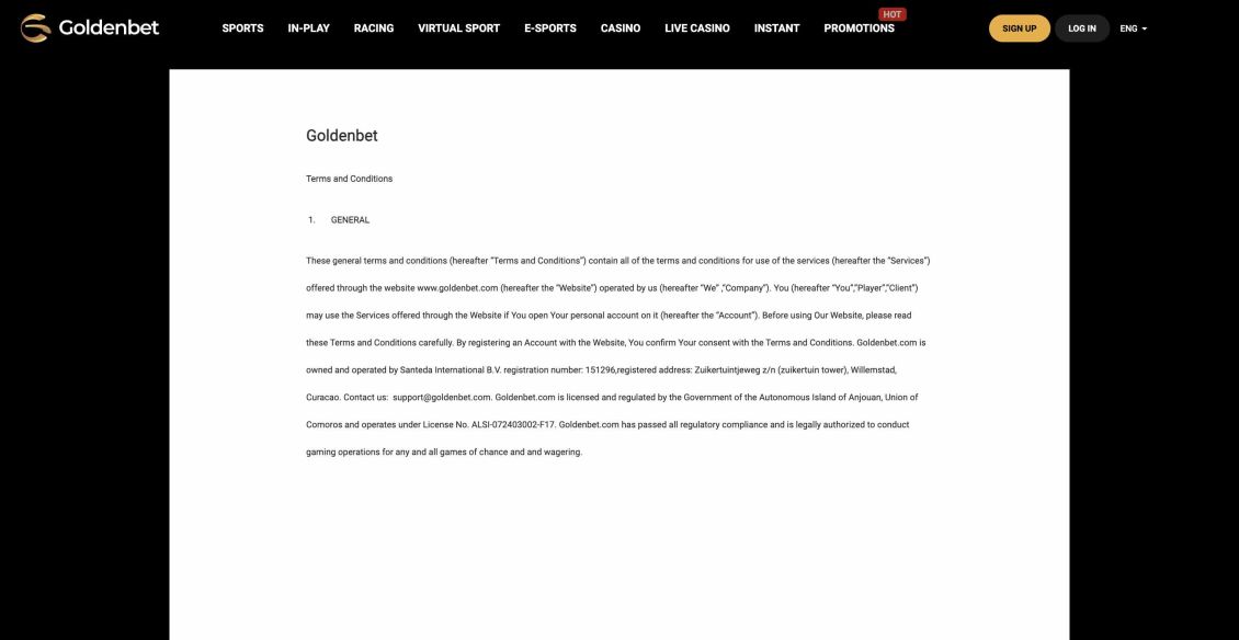 GoldenBet side med vilk&aring;r og betingelser