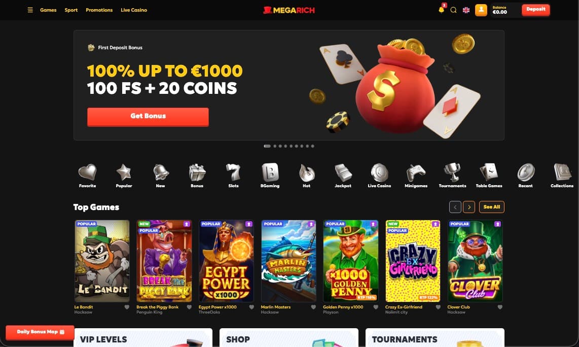 Hovedside p&aring; Megarich Casino Site