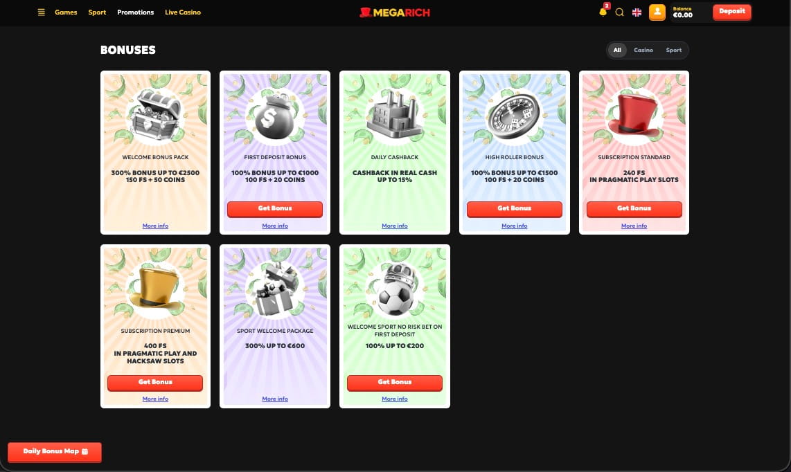 Bonusser og kampagner p&aring; Megarich Casino