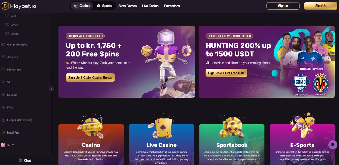 Hovedside p&aring; Playlet Casino Site