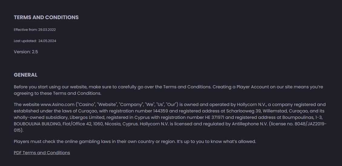 Asino side med vilk&aring;r og betingelser
