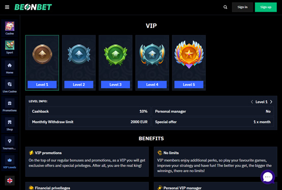 VIP program p&aring; BeOnBet Casino 