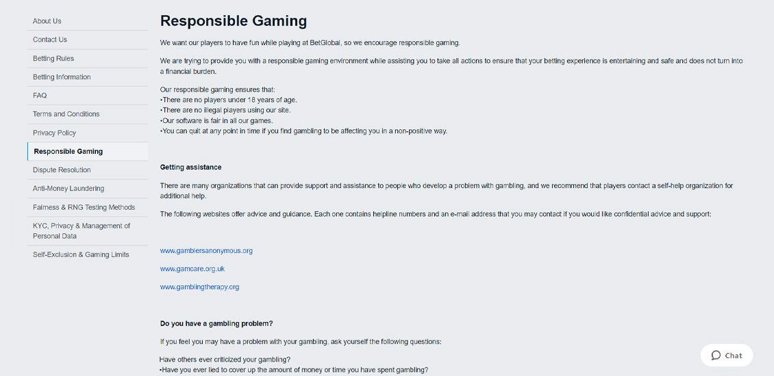 BetGlobal Casino-side om ansvarligt spil