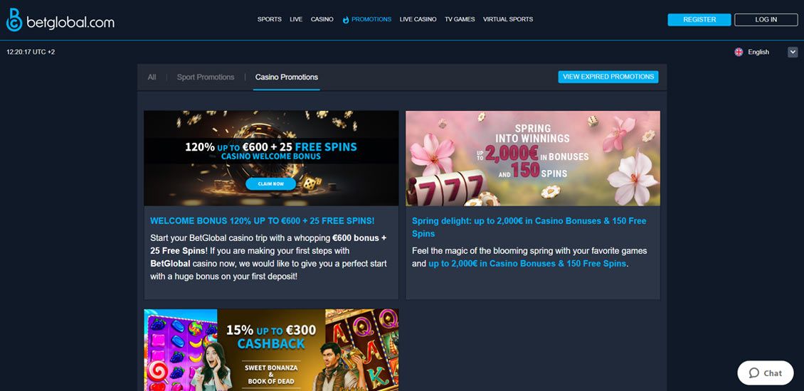 Bonussiden p&aring; Betglobal Casino-webstedet
