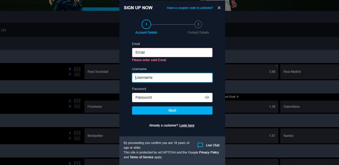 BetGlobal Casino registreringsproces trin 1