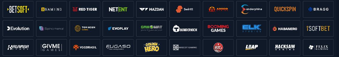 Logoer fra Betsoft Red Tiger Netent Yggdrassil Quickspin og andre udbydere