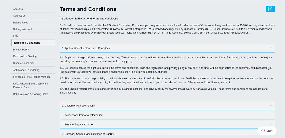 Betglobals side med vilk&aring;r og betingelser