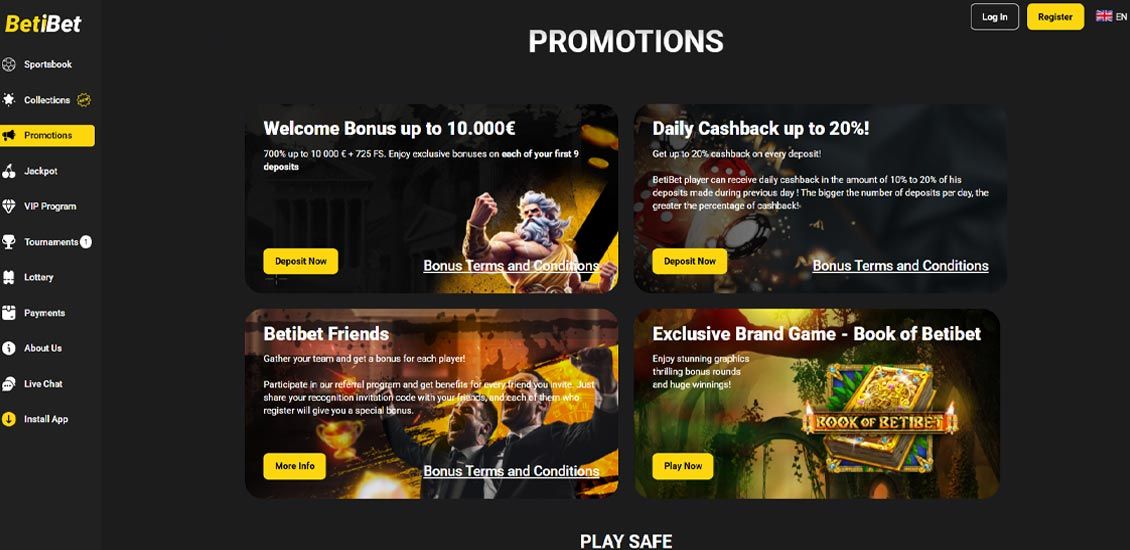 Bonussiden p&aring; Betibet Casino -webstedet