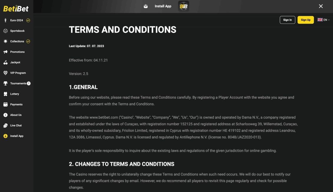 Betibet vilk&aring;r og betingelser side