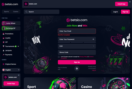 Hovedside p&aring; Betsio Casino Site