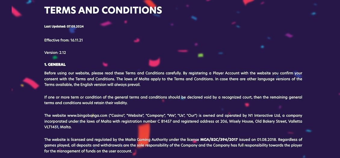 BingoBonga side med vilk&aring;r og betingelser