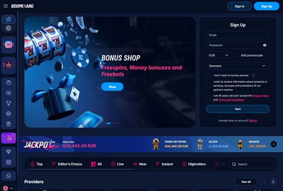 Hovedside p&aring; Boomerang Bet Casino Site