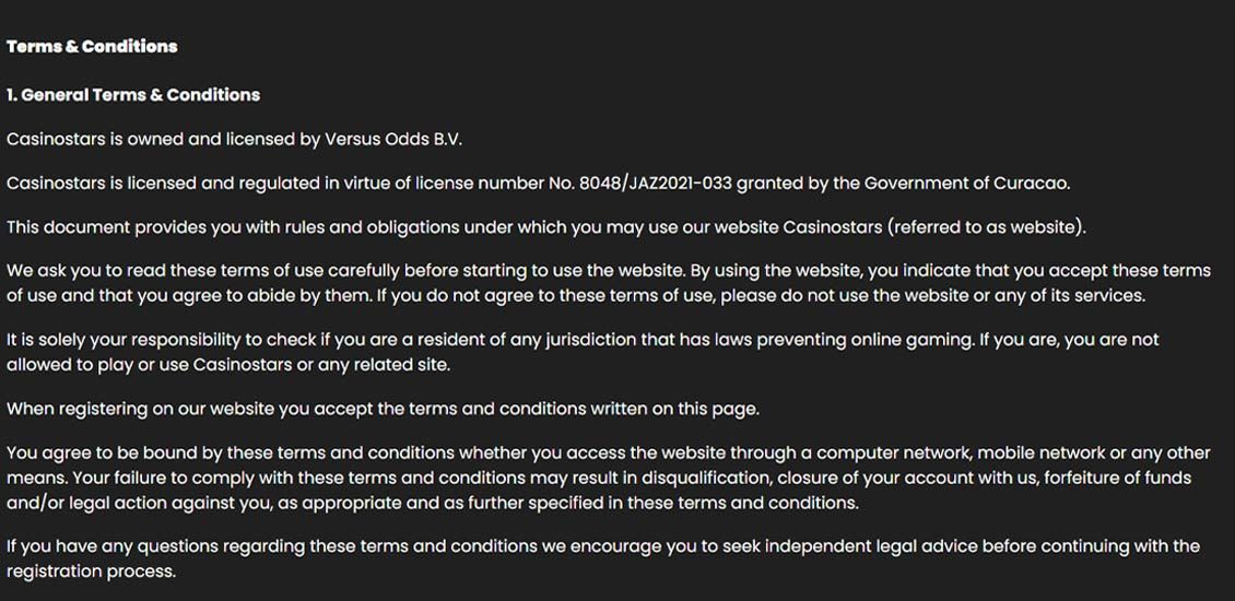 Casinostars vilk&aring;r og betingelser side