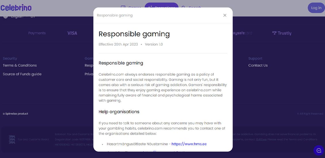 Celebrino Casino-side om ansvarligt spil