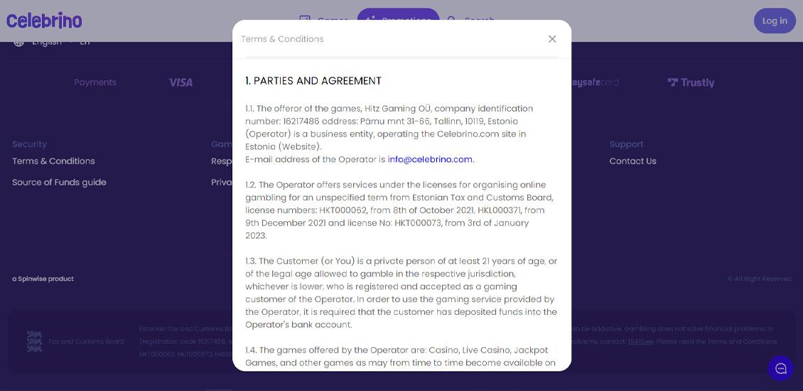 Celebrino side med vilk&aring;r og betingelser