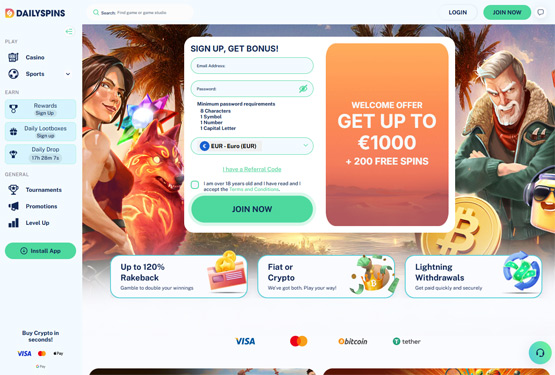 Hovedside p&aring; Dailyspins Casino Site