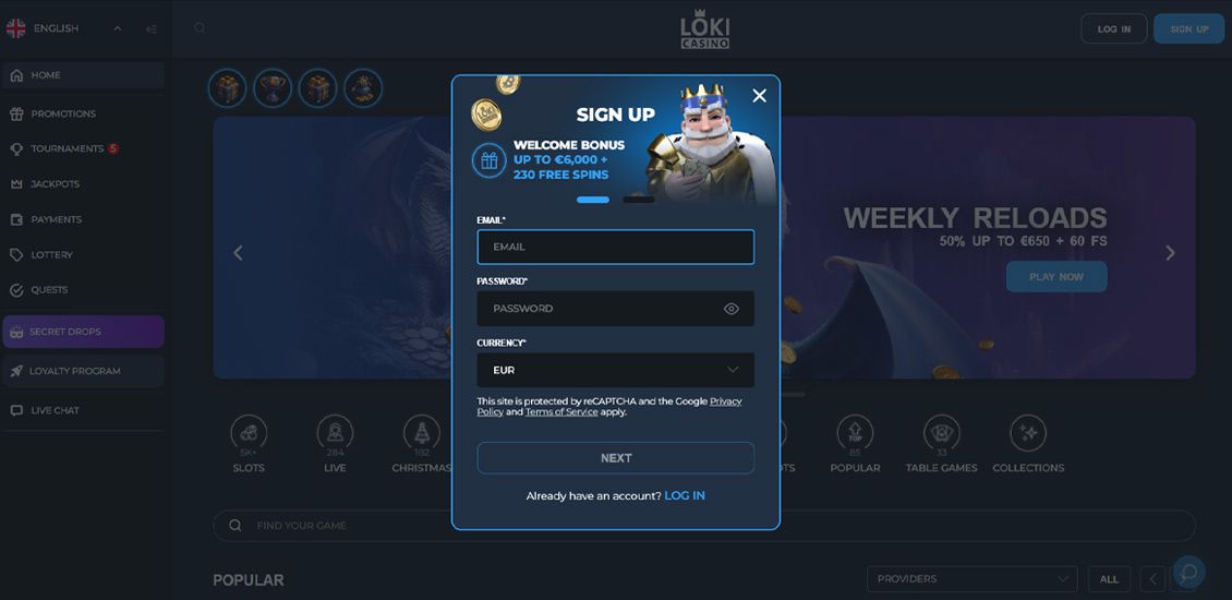 Loki Casino registreringsproces trin 2