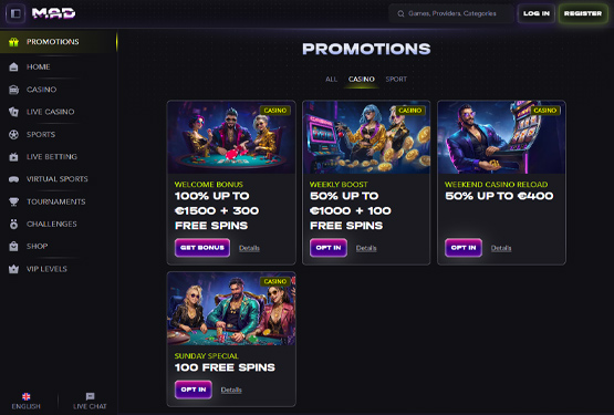 Bonusser og kampagner p&aring; Madcasino