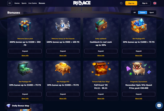 Bonusser og kampagner p&aring; Rioace Casino