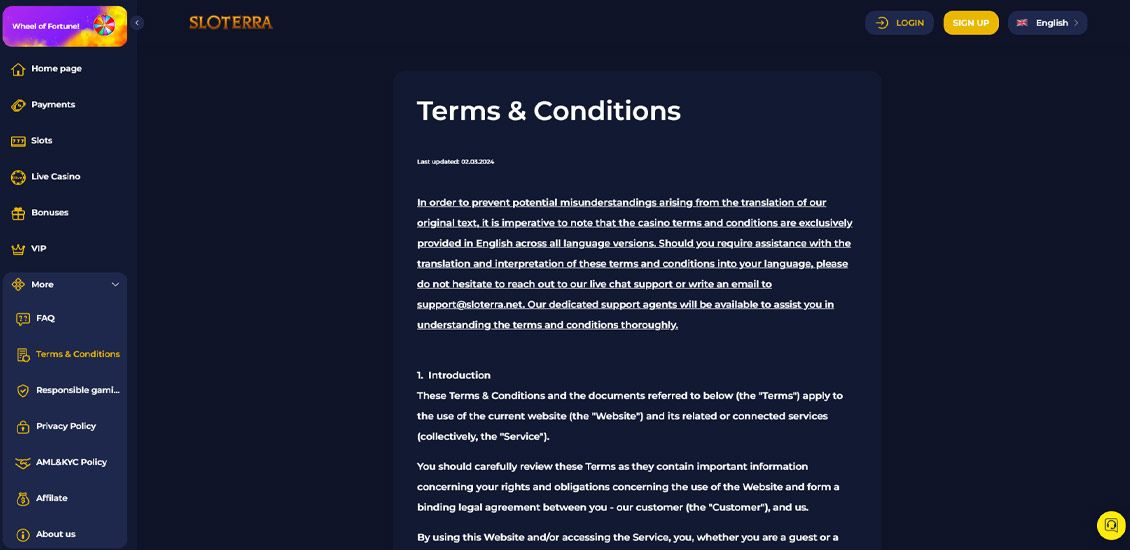 Sloterra vilk&aring;r og betingelser side