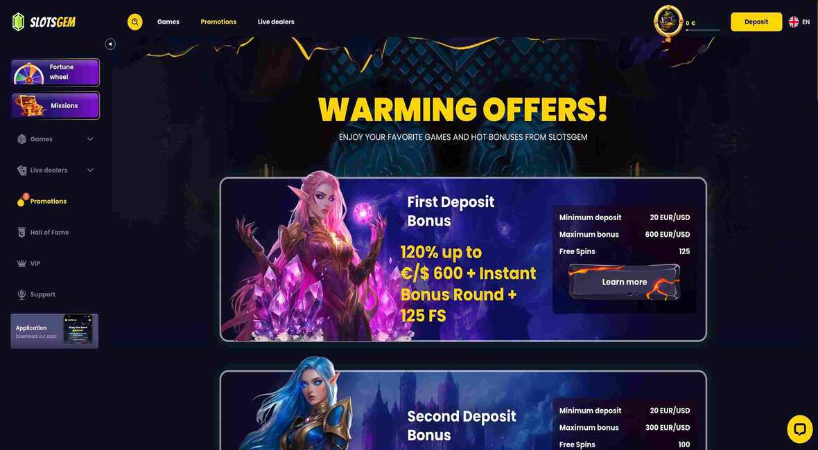 Bonusser og kampagner p&aring; Slotsgem Casino