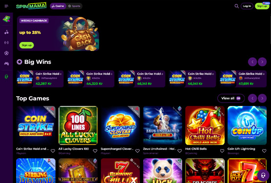 Hovedside p&aring; Spinmama Casino Site