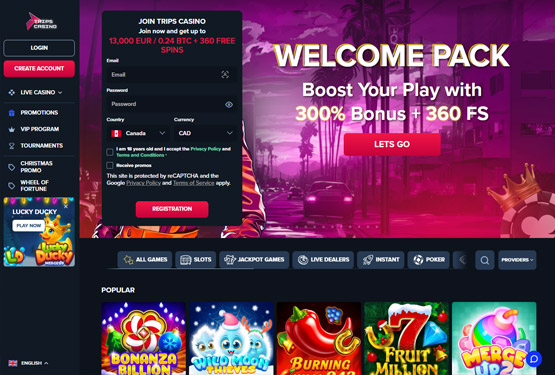 Hovedside p&aring; Trips Casino Site