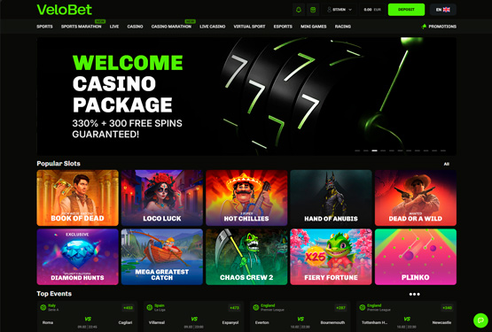 Hovedside p&aring; VeloBet Casino Site