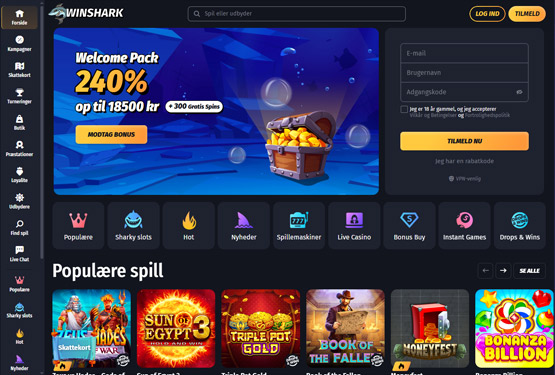 Hovedside p&aring; Winshark Casino Site