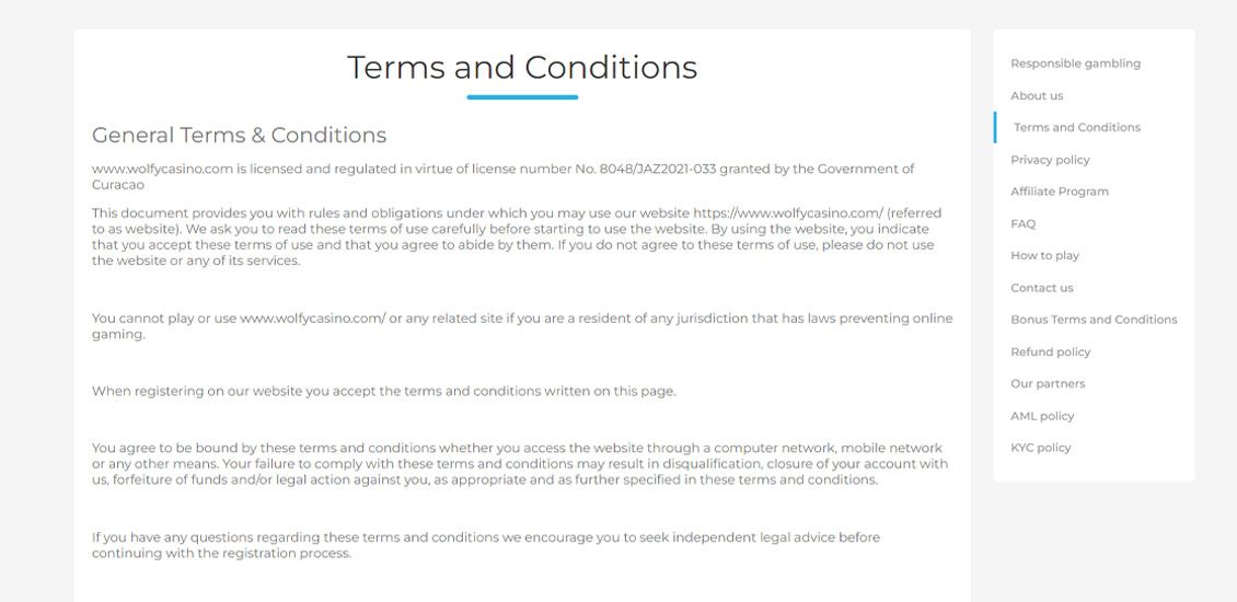 Wolfy Casino vilk&aring;r og betingelser side