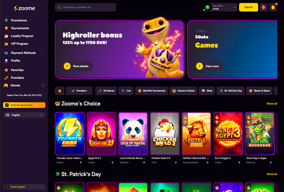 Hovedside p&aring; Zoome Casino Site