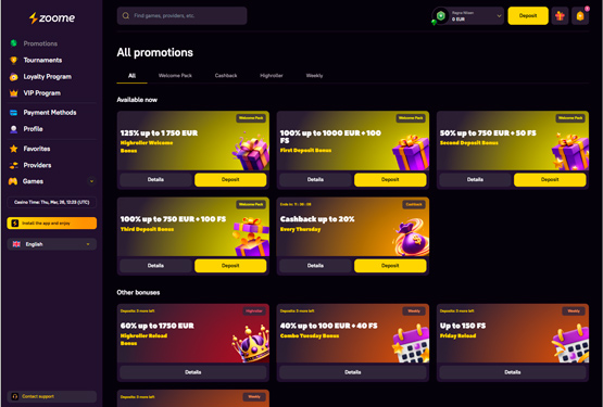 Bonusser og kampagner p&aring; Zoome Casino