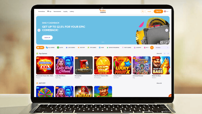 Boho Casino hovedside p&aring; notebook-sk&aelig;rmen