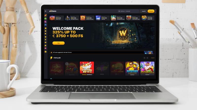 Winhero Casino hovedside p&aring; notebook-sk&aelig;rmen