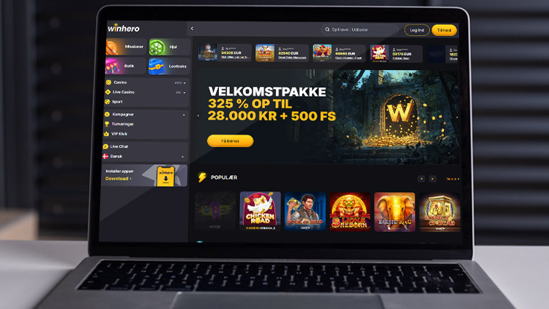 WinHero Casino hovedside p&aring; den b&aelig;rbare computersk&aelig;rm