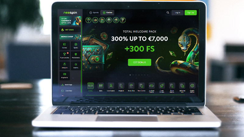 Neospin Casino hovedside p&aring; den b&aelig;rbare computersk&aelig;rm