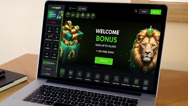 NeoSpin Casinos hovedside på notebook-skærmen